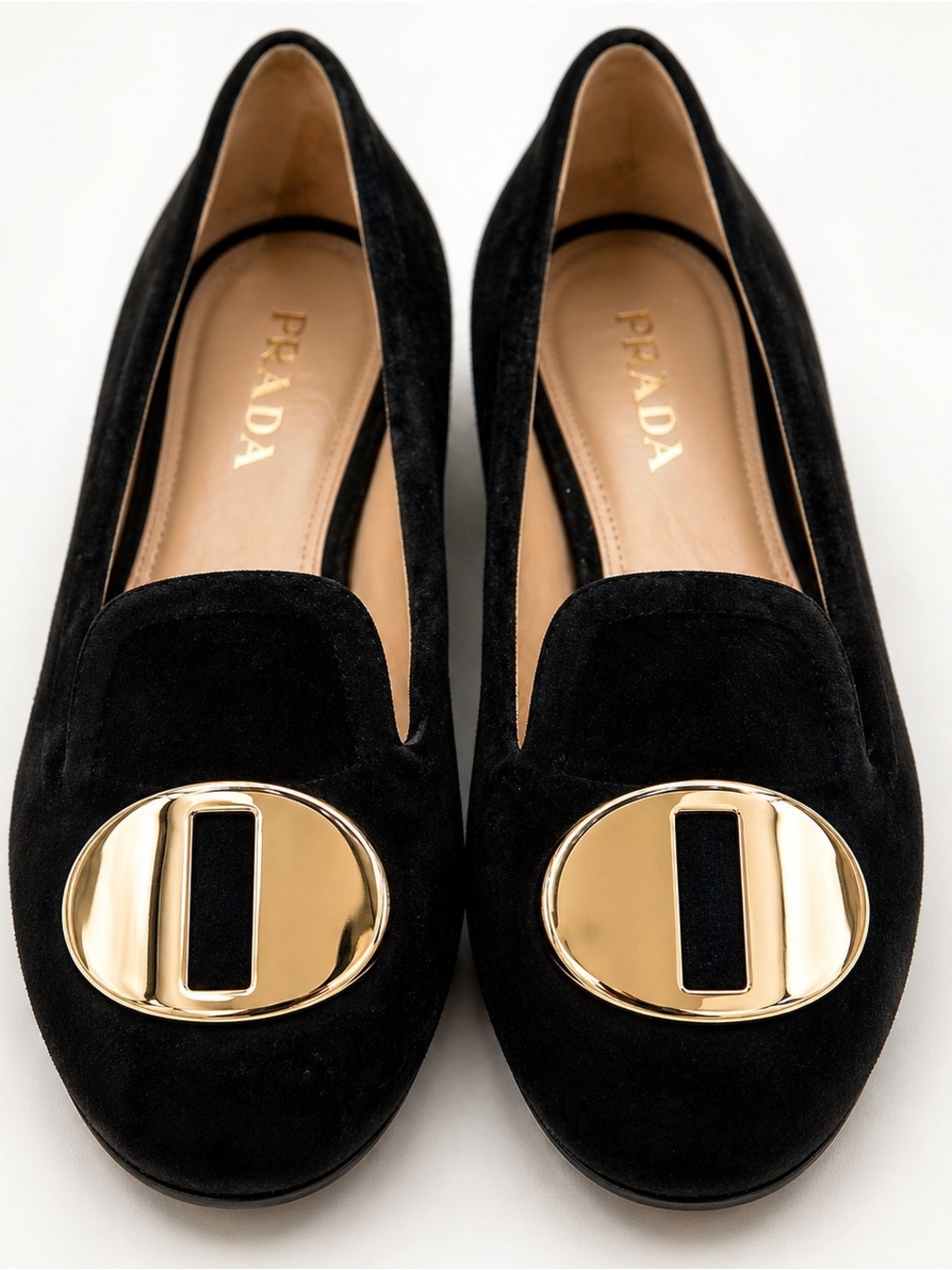 Authentic Prada Black Suede Peep-Toe Flats with Slight Heel